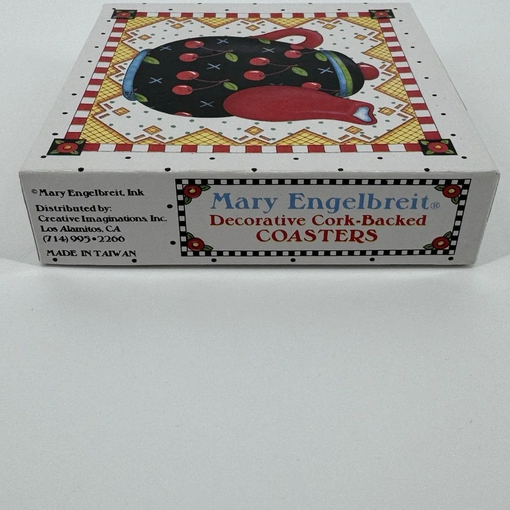 Mary Engelbreit Teapot Coasters Set of 6 Cork Backed Original Box Cottage Core